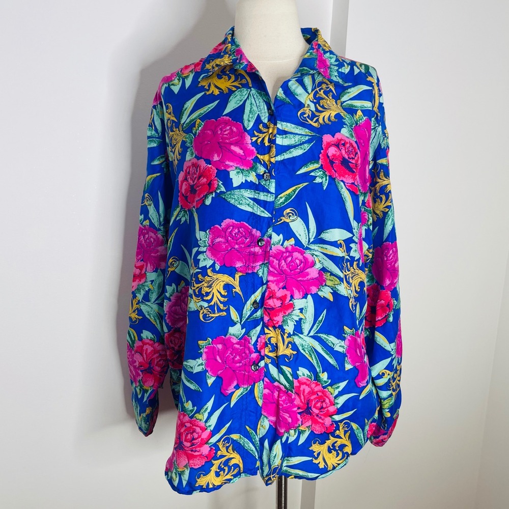 Kikomo Silk Floral Button Down Shirt Blue Pink Tropical Baroque Vintage Style L